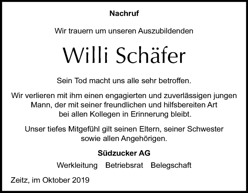  Traueranzeige für Willi Schäfer vom 12.10.2019 aus Super Sonntag Zeitz