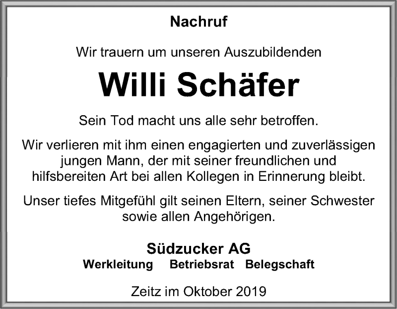  Traueranzeige für Willi Schäfer vom 12.10.2019 aus Mitteldeutsche Zeitung Zeitz