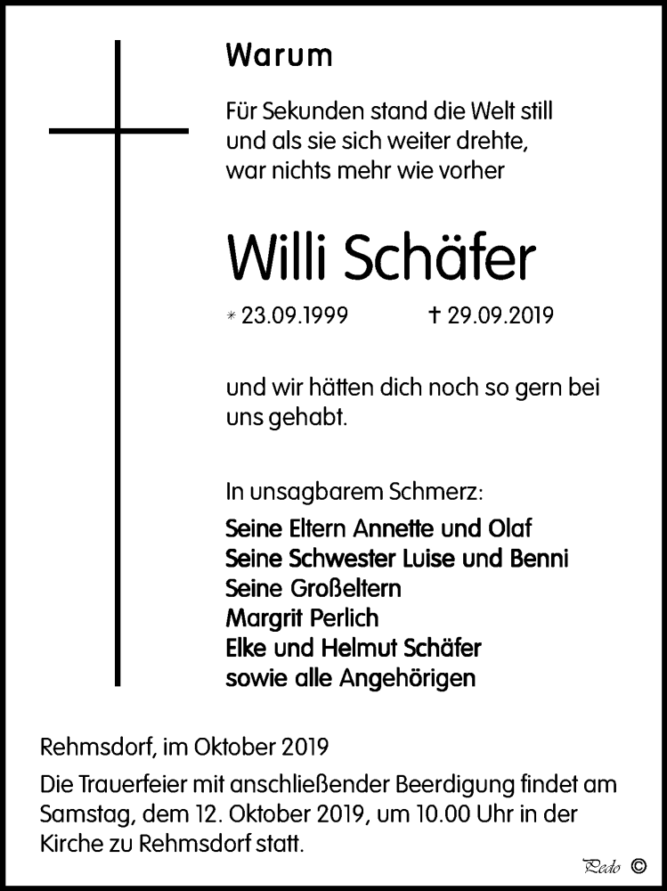  Traueranzeige für Willi Schäfer vom 09.10.2019 aus Wochenspiegel Zeitz