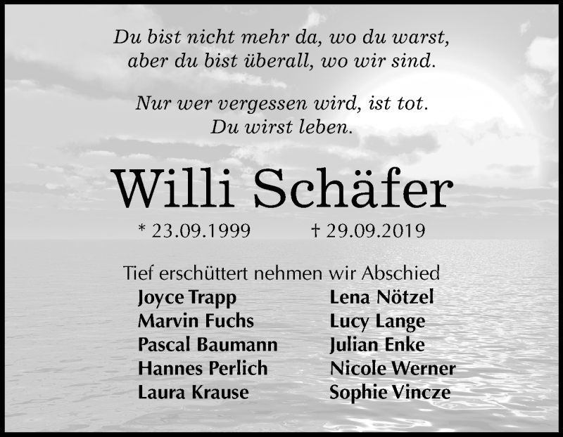  Traueranzeige für Willi Schäfer vom 12.10.2019 aus Super Sonntag Zeitz
