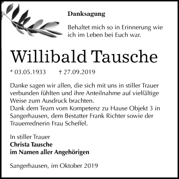 Traueranzeige von Willibald Tausche von Mitteldeutsche Zeitung Sangerhausen