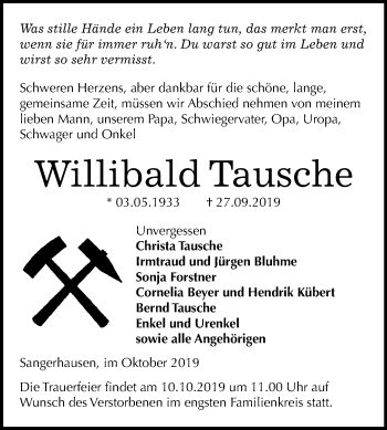 Traueranzeige von Willibald Tausche von Super Sonntag Sangerhausen