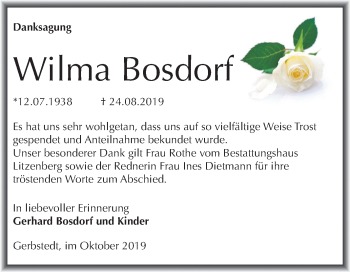 Traueranzeige von Wilma Bosdorf von Mitteldeutsche Zeitung Mansfelder Land