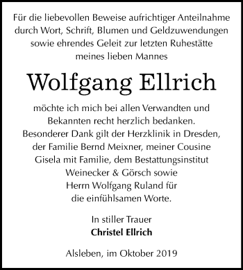 Traueranzeige von Wolfgang Ellrich von Super Sonntag Bernburg