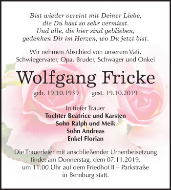 Traueranzeige von Wolfgang Fricke von Super Sonntag Bernburg