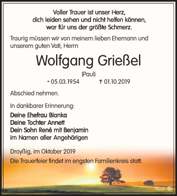 Traueranzeige von Wolfgang Grießei von Mitteldeutsche Zeitung Zeitz