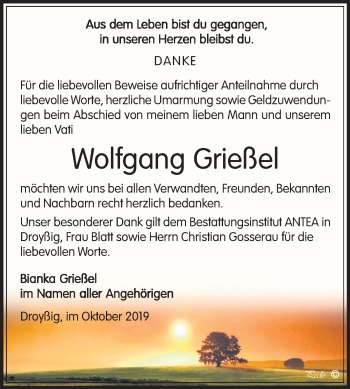 Traueranzeige von Wolfgang Grießel von Super Sonntag Zeitz