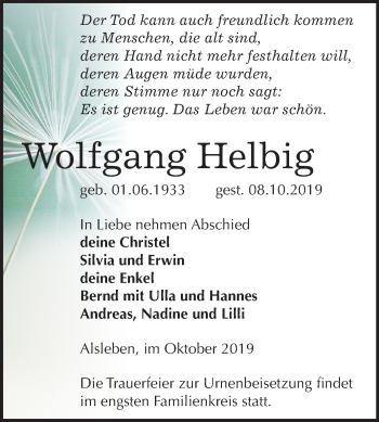 Traueranzeige von Wolfgang Helbig von Mitteldeutsche Zeitung Bernburg