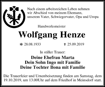 Traueranzeige von Wolfgang Henze von Mitteldeutsche Zeitung Dessau-Roßlau