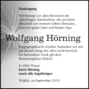 Traueranzeige von Wolfgang Hörning von Super Sonntag Zeitz