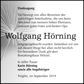 Traueranzeige von Wolfgang Hörning von Mitteldeutsche Zeitung Zeitz