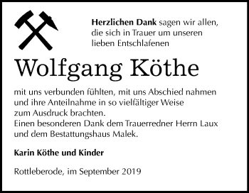 Traueranzeige von Wolfgang Köthe von Mitteldeutsche Zeitung Sangerhausen