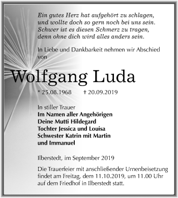 Traueranzeige von Wolfgang Luda von Super Sonntag Bernburg