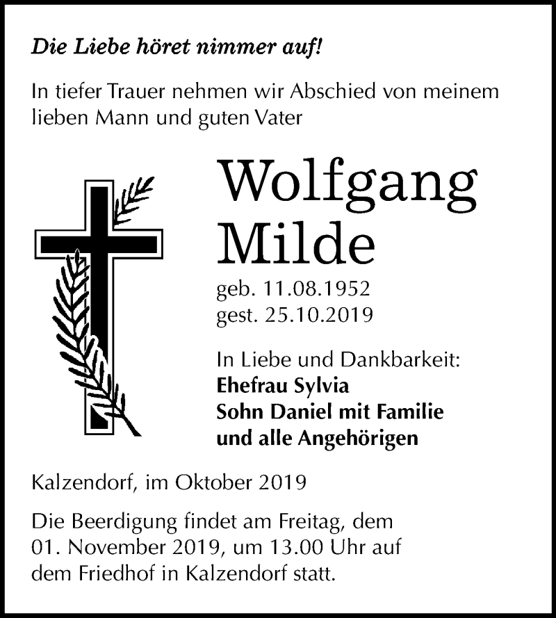  Traueranzeige für Wolfgang Milde vom 30.10.2019 aus Mitteldeutsche Zeitung Merseburg/Querfurt / Naumburg/Nebra