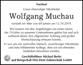 Traueranzeige von Wolfgang Muchau von Mitteldeutsche Zeitung Halle/Saalkreis