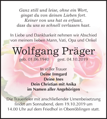 Traueranzeige von Wolfgang Präger von Super Sonntag Sangerhausen