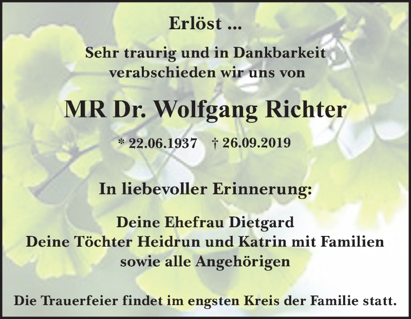  Traueranzeige für Wolfgang Richter vom 04.10.2019 aus Mitteldeutsche Zeitung Dessau-Roßlau