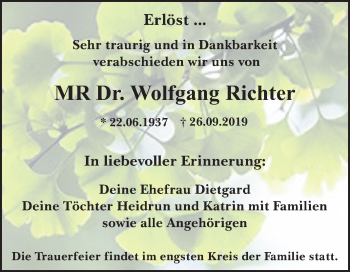 Traueranzeige von Wolfgang Richter von Mitteldeutsche Zeitung Dessau-Roßlau