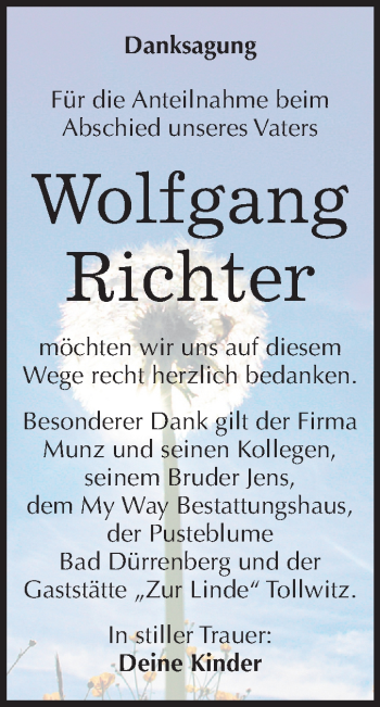 Traueranzeige von Wolfgang Richter von Mitteldeutsche Zeitung Merseburg/Querfurt