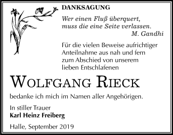 Traueranzeige von Wolfgang Rieck von Mitteldeutsche Zeitung Halle/Saalkreis