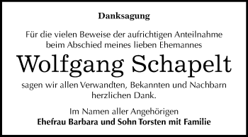 Traueranzeige von Wolfgang Schapelt von Mitteldeutsche Zeitung Wittenberg