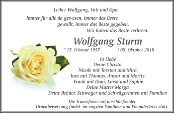 Traueranzeige von Wolfgang Sturm von Super Sonntag Quedlinburg