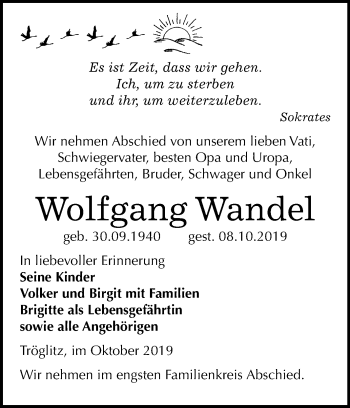 Traueranzeige von Wolfgang Wandel von Super Sonntag Zeitz