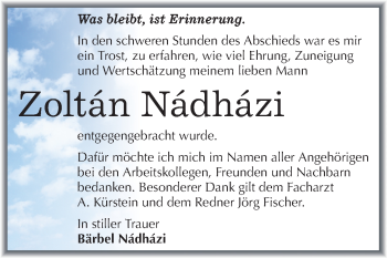 Traueranzeige von Zoltán Nádházi von Mitteldeutsche Zeitung Merseburg/Querfurt
