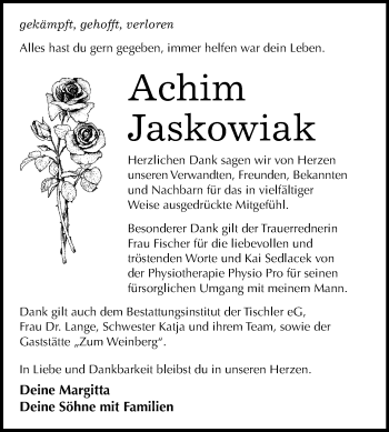 Traueranzeige von Achim Jaskowiak von Mitteldeutsche Zeitung Wittenberg