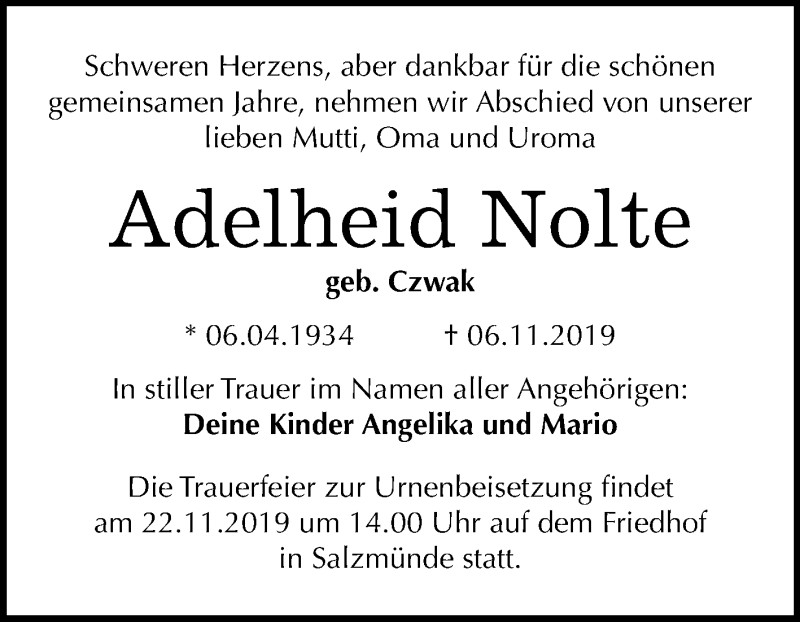  Traueranzeige für Adelheid Nolte vom 16.11.2019 aus Mitteldeutsche Zeitung Halle/Saalkreis