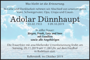 Traueranzeige von Adolar Dünnhaupt von Mitteldeutsche Zeitung Quedlinburg