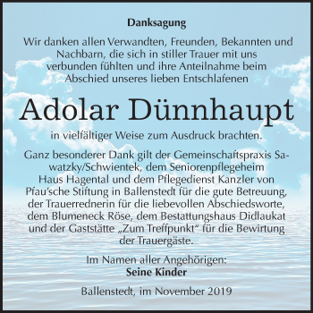Traueranzeige von Adolar Dünnhaupt von Wochenspiegel Quedlinburg