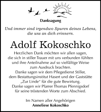 Traueranzeige von Adolf Kokoschko von Super Sonntag Wittenberg