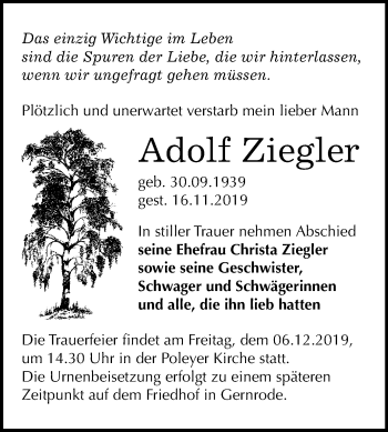 Traueranzeige von Adolf Ziegler von Mitteldeutsche Zeitung Bernburg