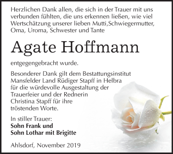 Traueranzeige von Agate Hoffmann von Wochenspiegel Mansfelder Land