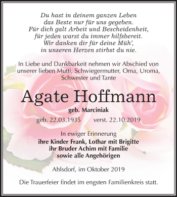 Traueranzeige von Agate Hoffmann von Mitteldeutsche Zeitung Mansfelder Land