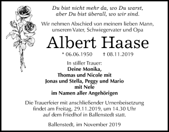 Traueranzeige von Albert Haase von Super Sonntag Quedlinburg