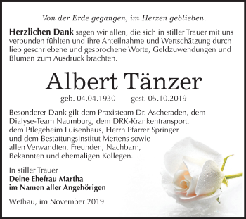 Traueranzeige von Albert Tänzer von Wochenspiegel Naumburg/Nebra