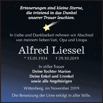 Traueranzeige von Alfred Liessel von Super Sonntag Wittenberg