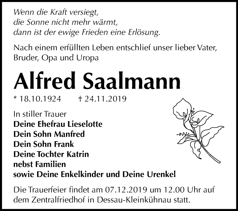  Traueranzeige für Alfred Saalmann vom 30.11.2019 aus Super Sonntag Dessau-Roßlau