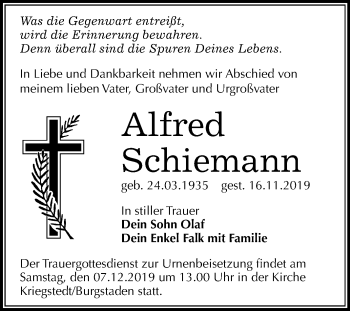 Traueranzeige von Alfred Schiemann von Super Sonntag Merseburg/Querfurt