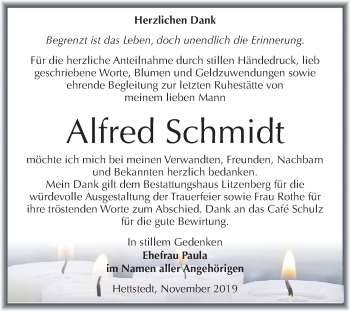 Traueranzeige von Alfred Schmidt von Wochenspiegel Mansfelder Land