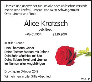 Traueranzeige von Alice Kratzsch von Mitteldeutsche Zeitung Zeitz
