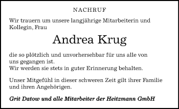 Traueranzeige von Andrea Krug von Super Sonntag Zeitz