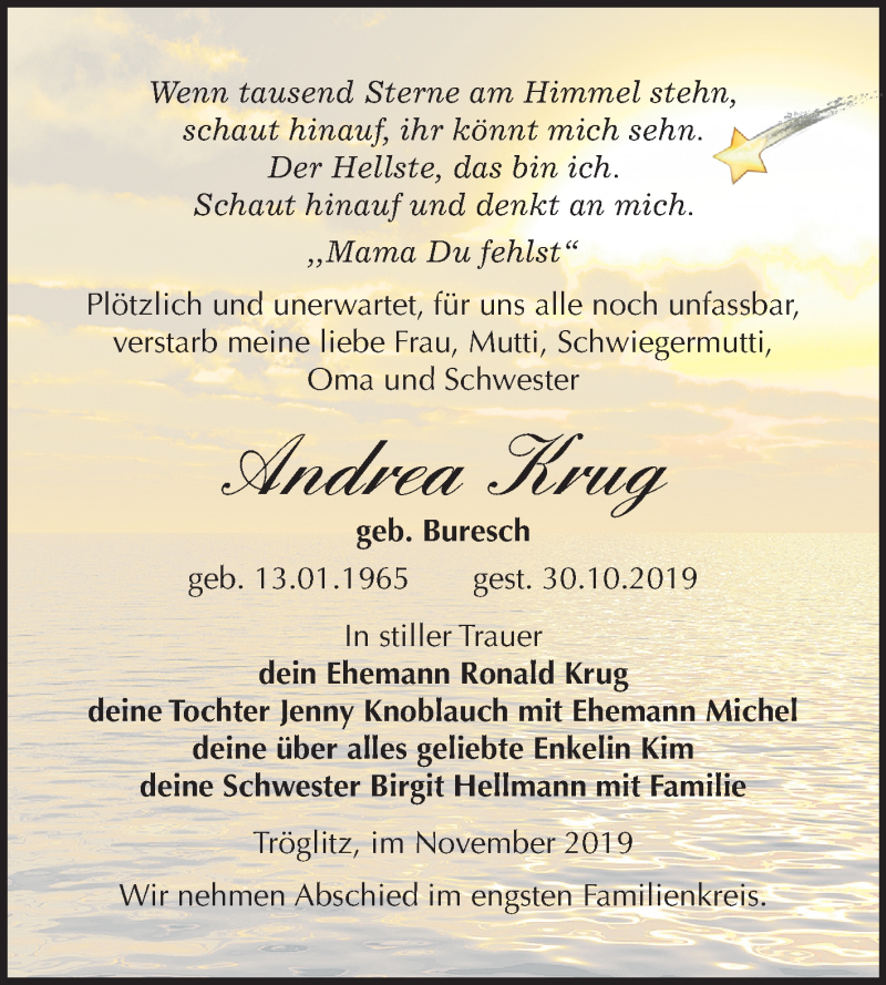  Traueranzeige für Andrea Krug vom 09.11.2019 aus Super Sonntag Zeitz