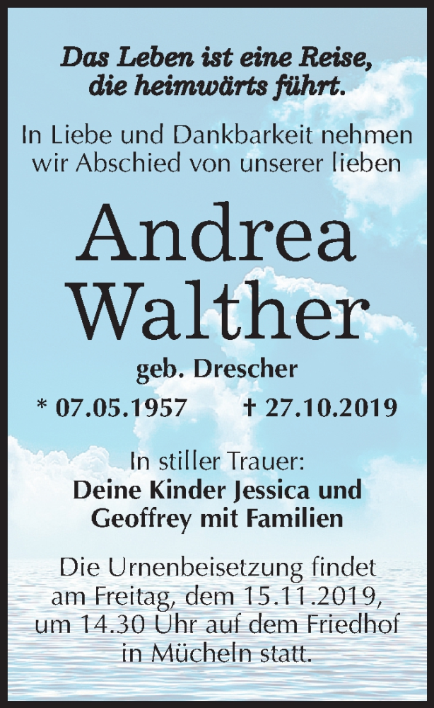  Traueranzeige für Andrea Walther vom 09.11.2019 aus Super Sonntag Merseburg/Querfurt