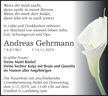 Traueranzeige von Andreas Gehrmann von Mitteldeutsche Zeitung Halle/Saalkreis