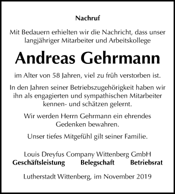 Traueranzeige von Andreas Gehrmann von Mitteldeutsche Zeitung Halle/Saalkreis / Wittenberg
