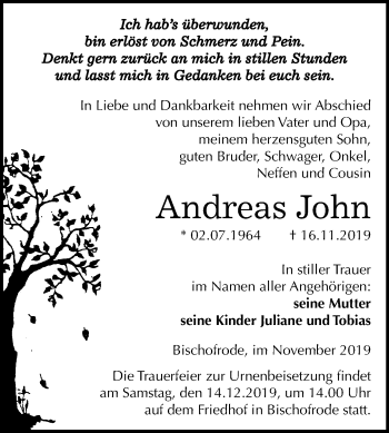 Traueranzeige von Andreas John von Mitteldeutsche Zeitung Mansfelder Land