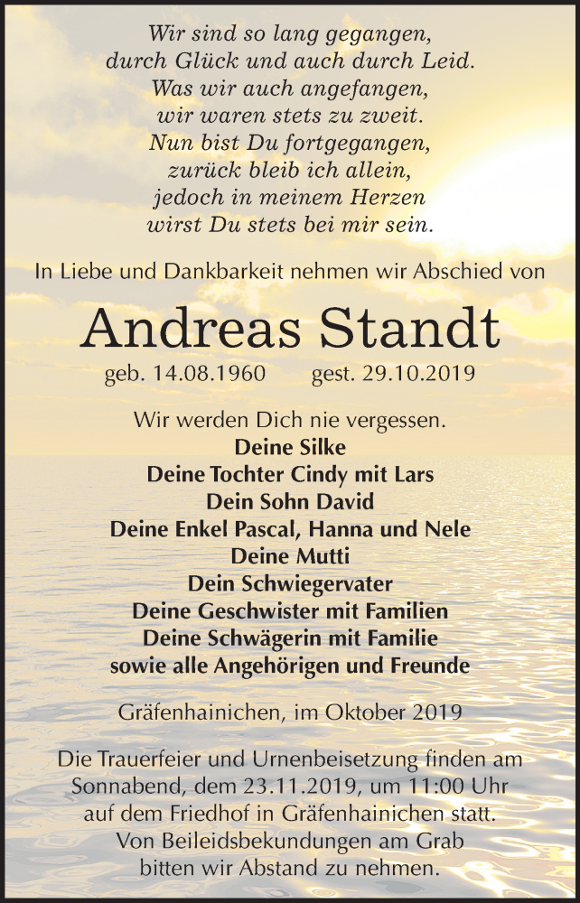  Traueranzeige für Andreas Standt vom 09.11.2019 aus Super Sonntag Wittenberg